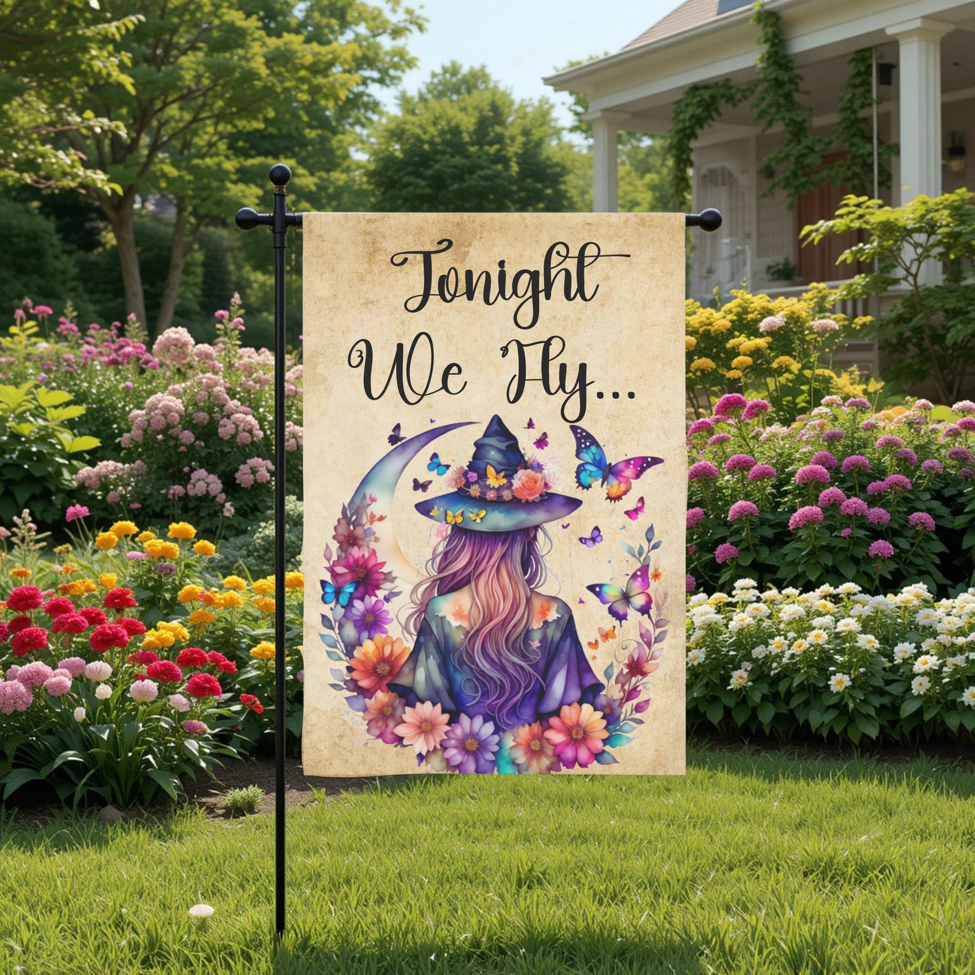 Witch Garden Flag – Floral Butterfly Moon | Boho Halloween Yard Decor 12x18 - outdoor setting