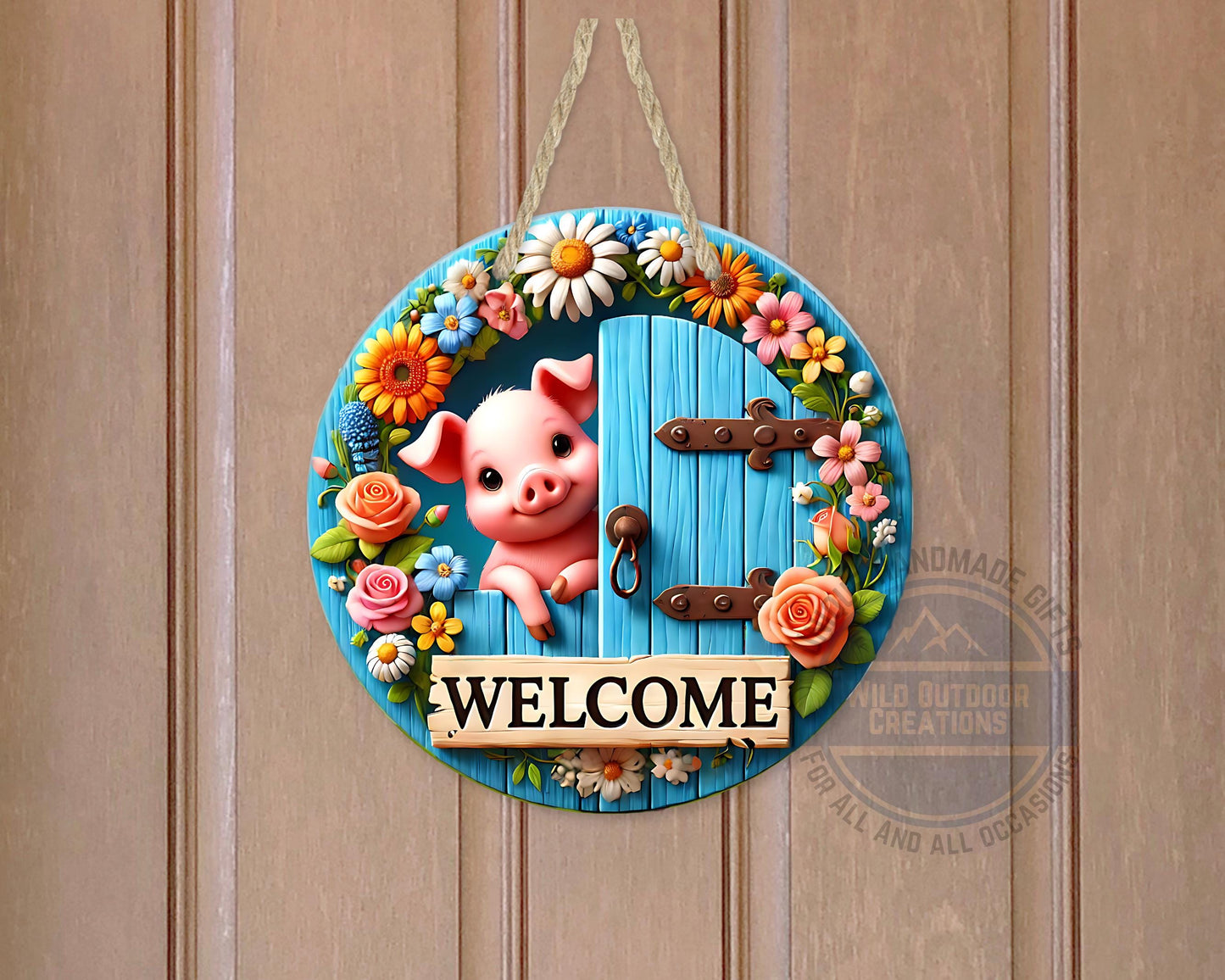 Pig Door Hanger – Farmhouse Welcome Sign | Floral Blue Wood Aluminum Decor