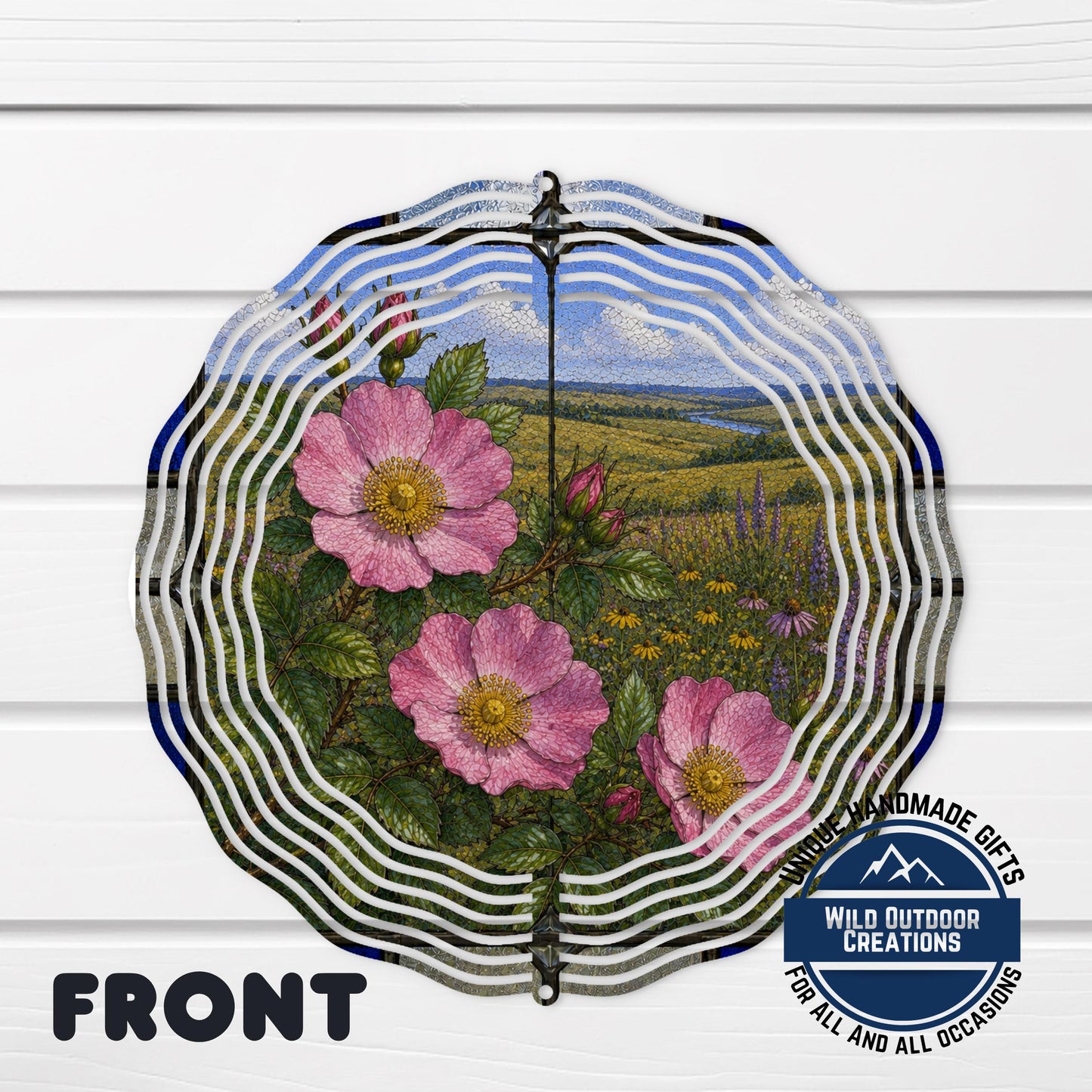 Wild Prairie Rose Wind Spinner Iowa State Flower Stained Glass Garden Aluminum Decor