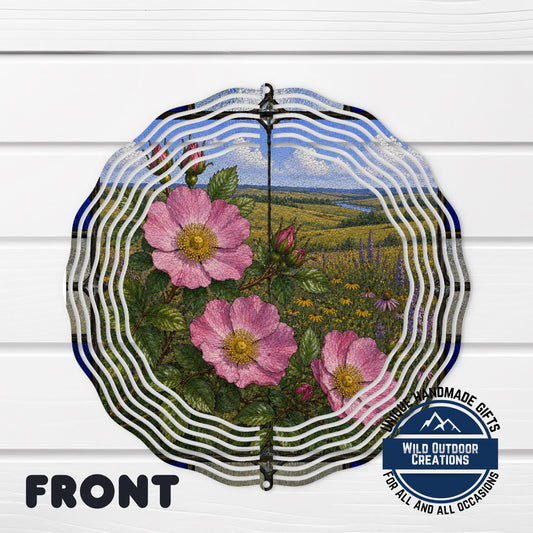 Wild Prairie Rose Wind Spinner Iowa State Flower Stained Glass Garden Aluminum Decor