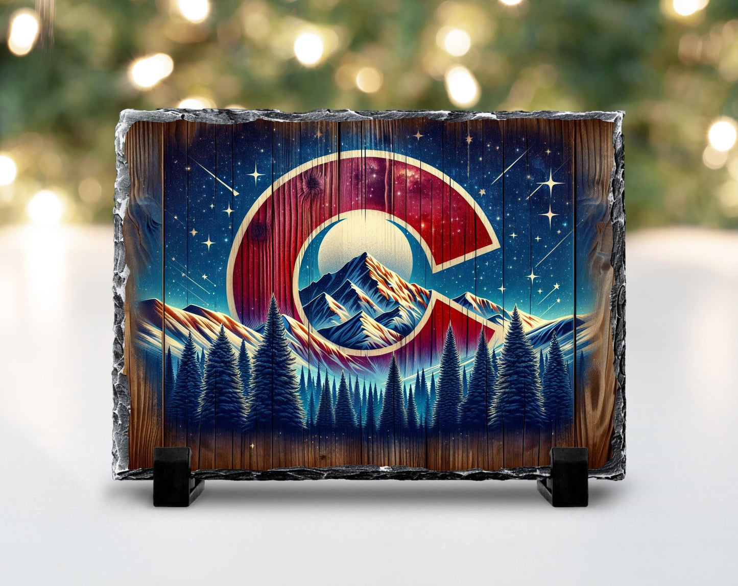 Handcrafted Slate Art - Colorado Mountain Scene with Night Sky  Shooting Stars Rustic Home Decor Gift