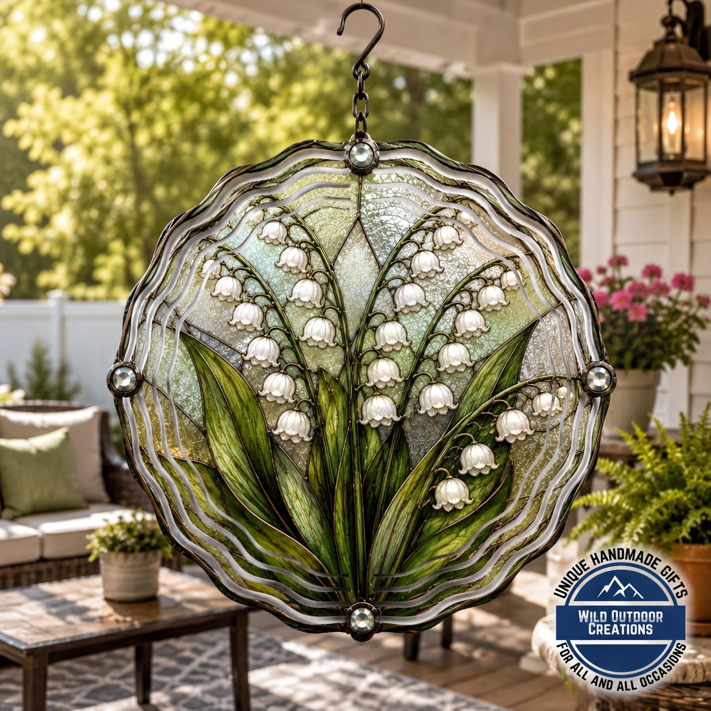 May Birth Flower Lily of the Valley Wind Spinner 10 Inch Faux Stained Glass Decor