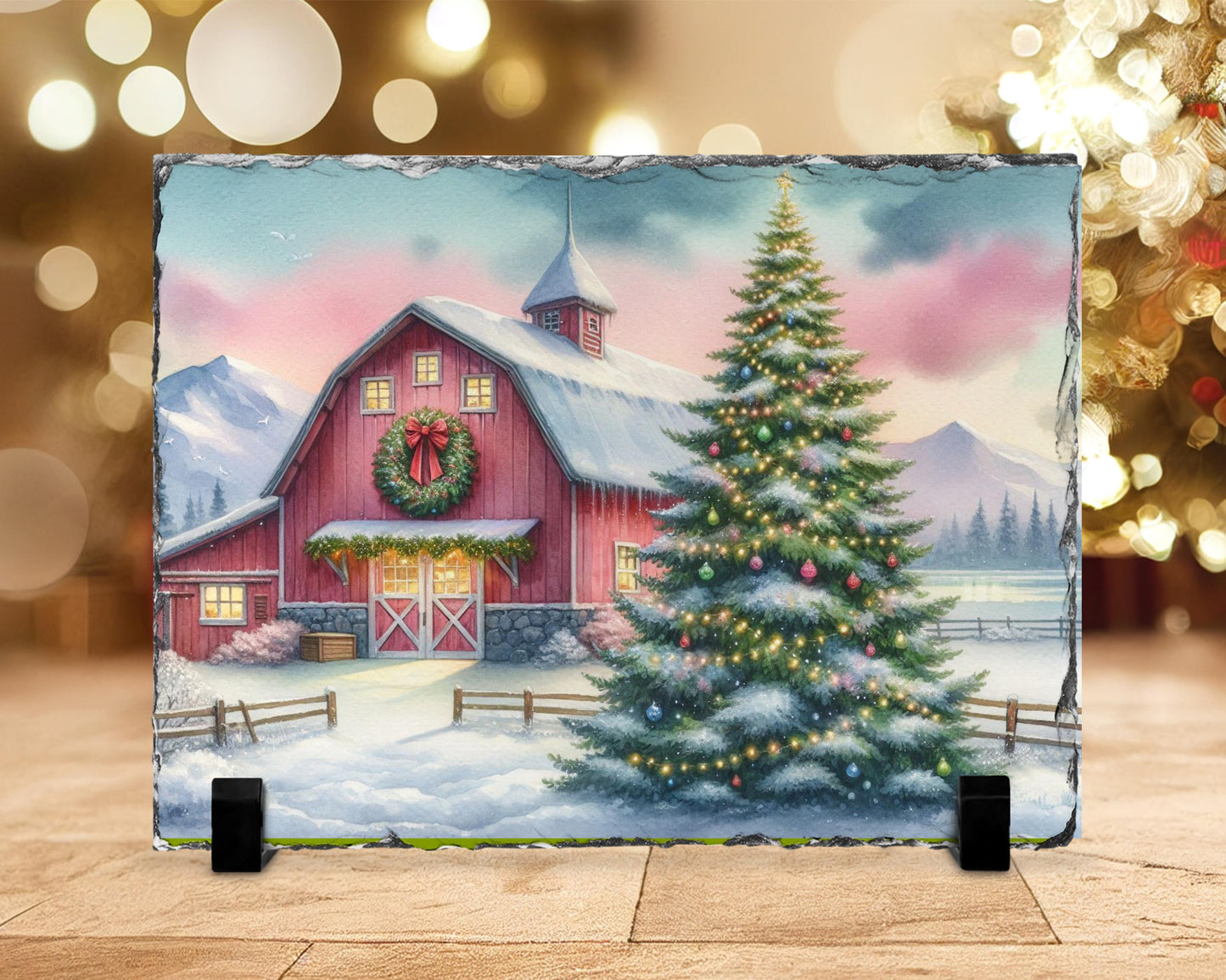 Watercolor Barn Slate - Snowy Mountain Christmas Decor
