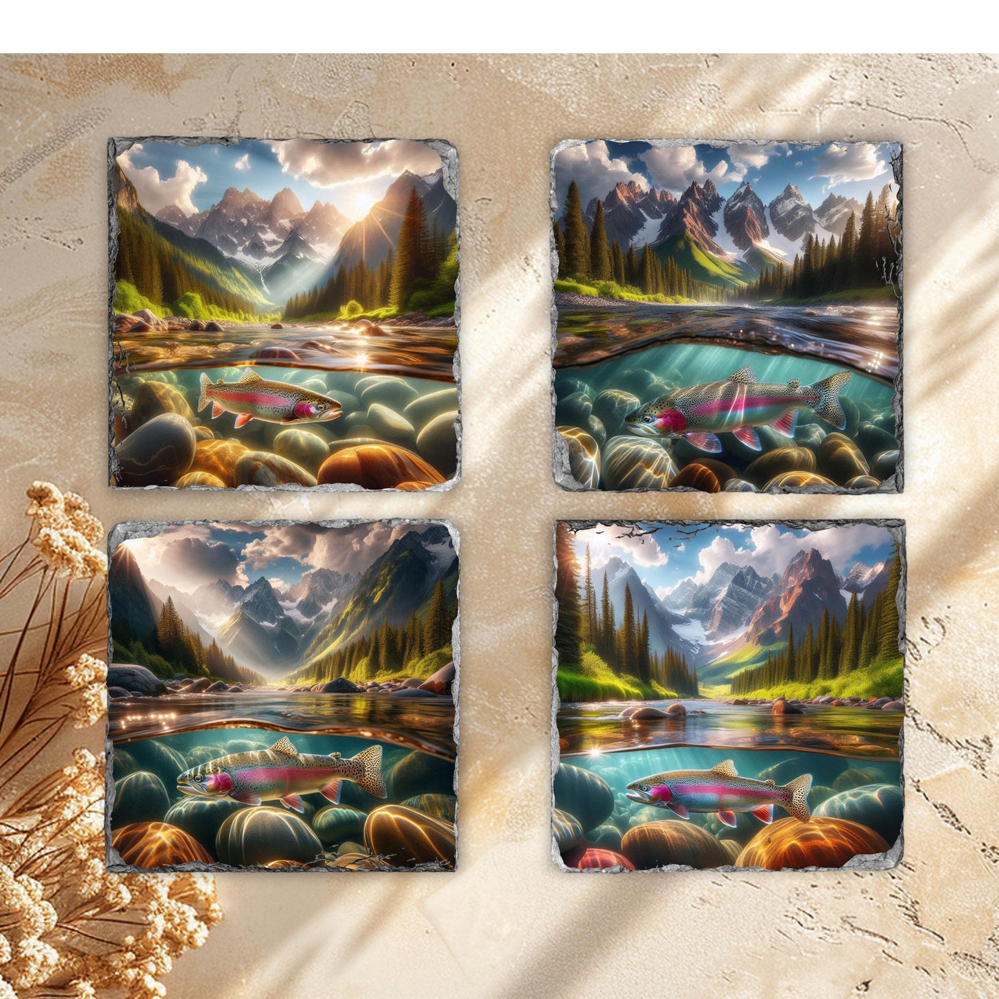 Rainbow Trout Slate Coaster Set with Fractured Edges - Ideal Gift for Fishermen and Outdoor Lovers