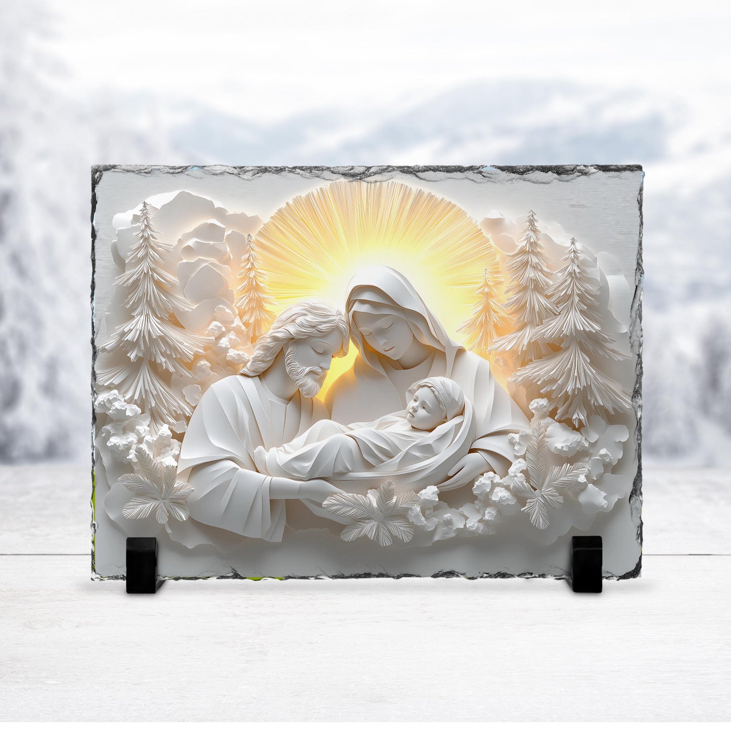 Fractured Edges Slate Plaque - 3D Nativity Scene with Mary Joseph  Baby Jesus