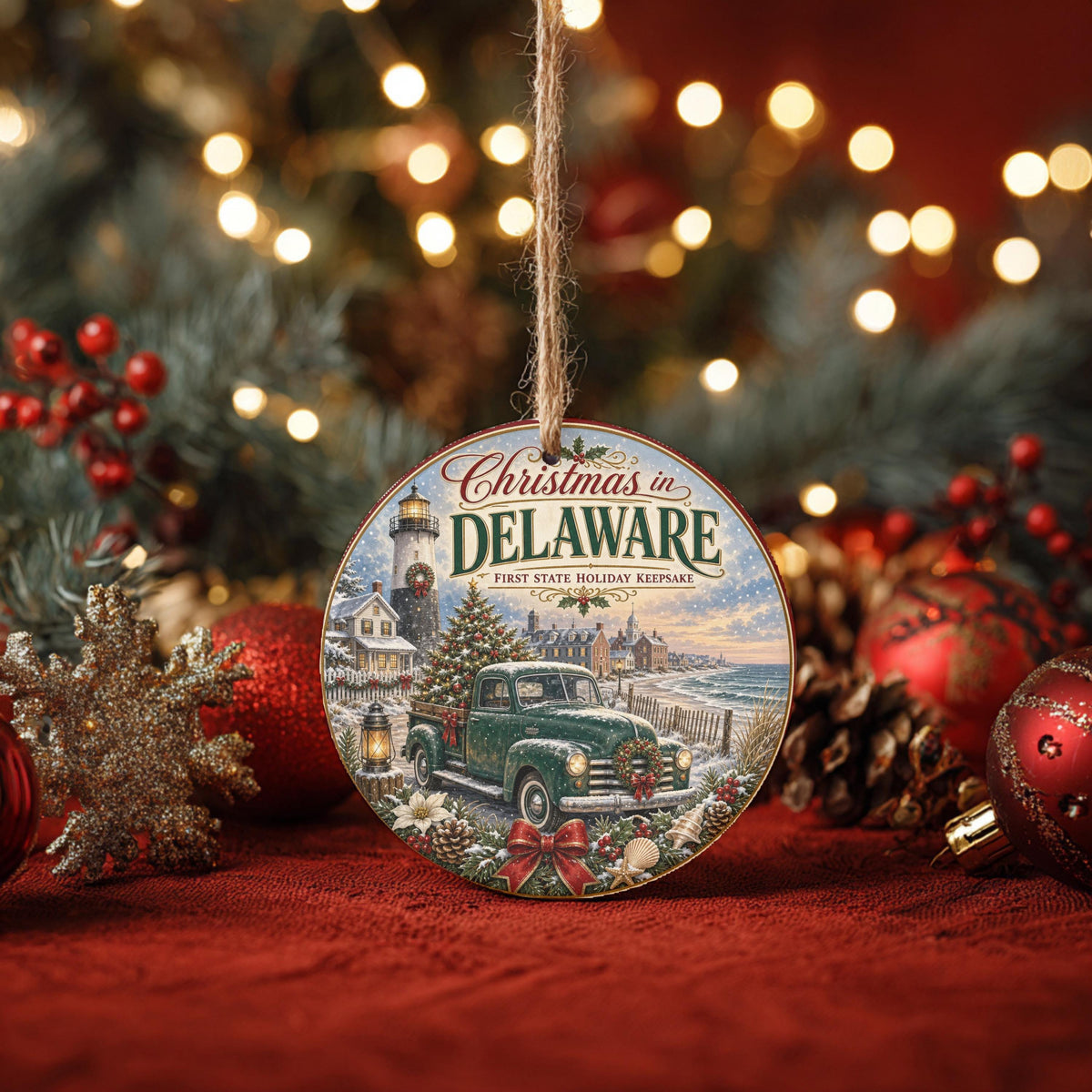 Delaware Christmas Ornament, Coastal Lighthouse Vintage Truck Art