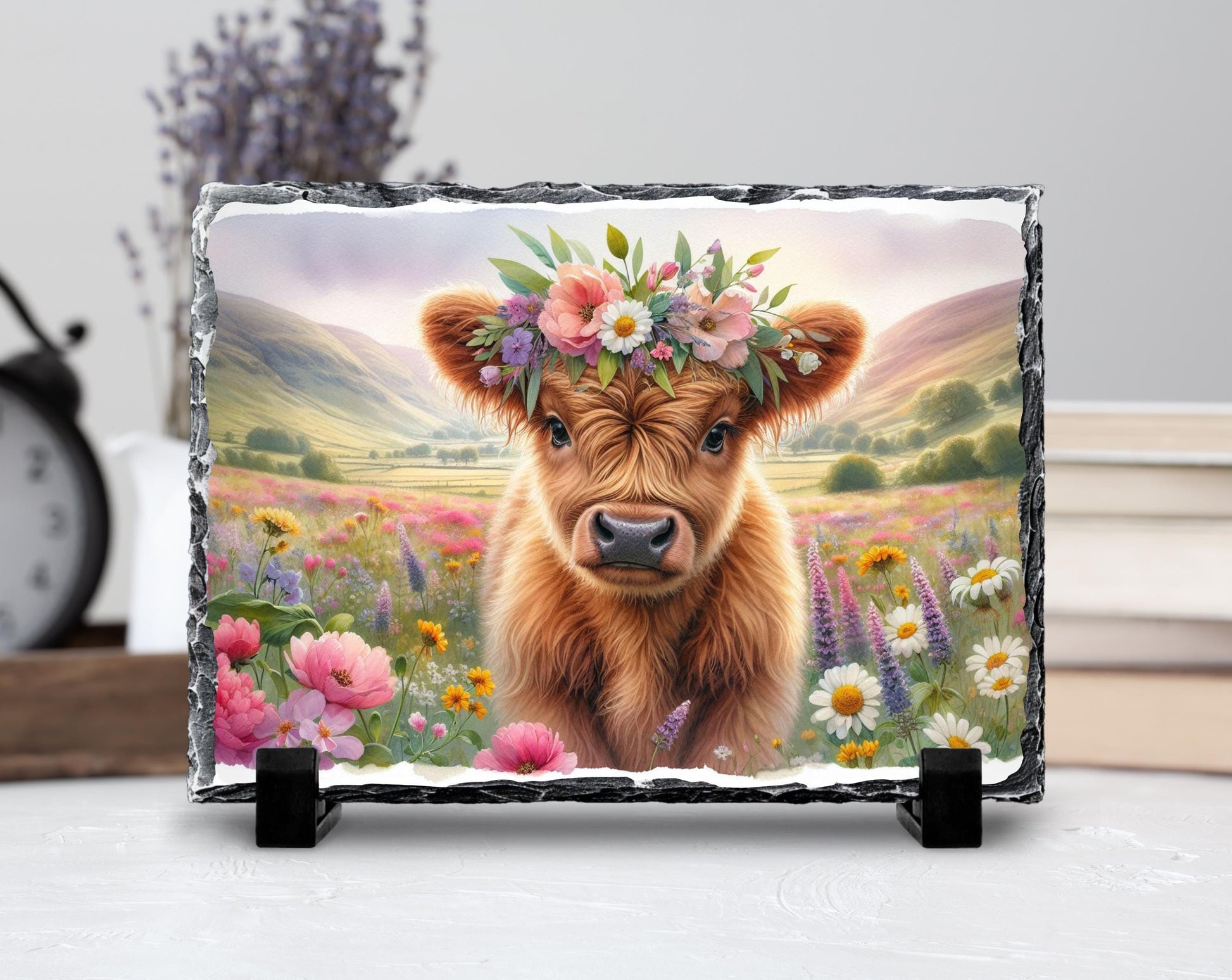 Baby Highland Cow Plaque – Natural Slate Floral Meadow Design, Handmade Slate Art - product dimensions and specifications