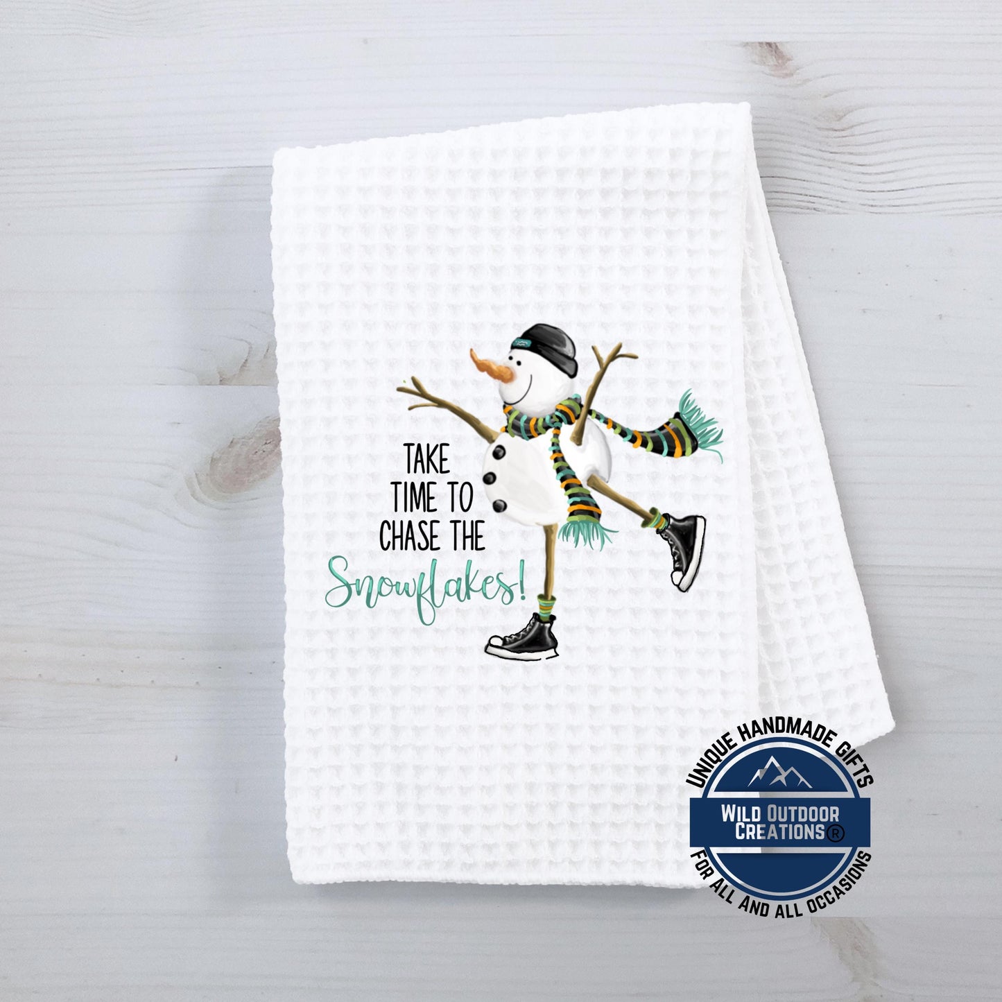Ice Skating Snowman Kitchen Towel Chase The Snowflakes Winter Waffle Weave Holiday Decor
