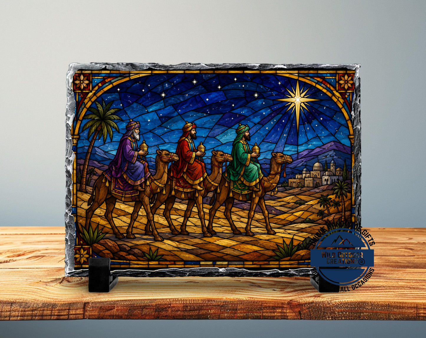 Three Wise Men Faux Stained Glass Slate Plaque, Christmas Nativity Decor, Religious Gift