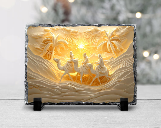 3 Wise Men Nativity Slate Plaque - Elegant Gold  White Design with Fractured Edge Ideal Christmas Gift or Religious Decor