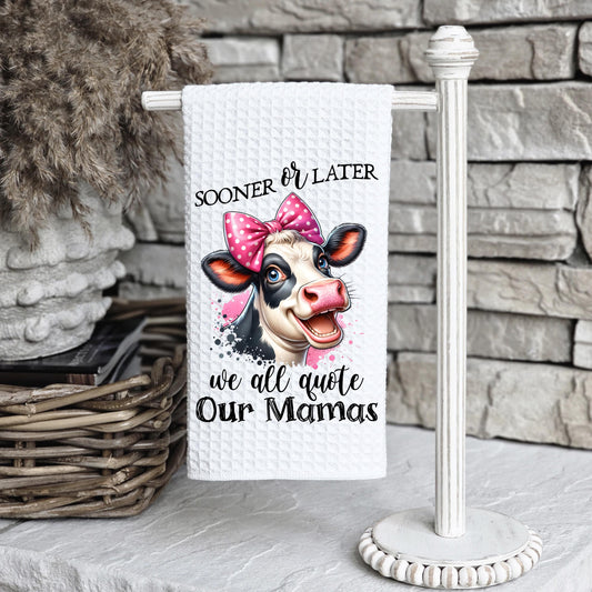 Witty Cow Head Towel with Pink Bow, Funny Quote for Moms, Unique Gifts for Daughters, Fun Kitchen Decor, Waffle Weave Kitchen Towel, Humor