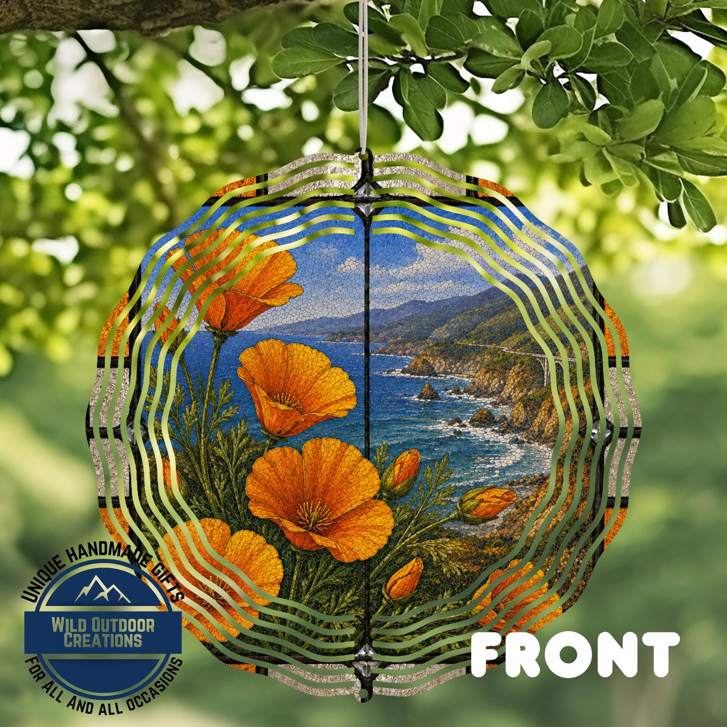 California Poppy Wind Spinner - Aluminum Garden Decor with Stained Glass Style Outdoor Art