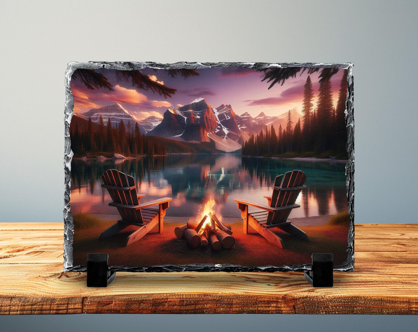 Campfire Slate Plaque – Rustic Stone Decor | Mountain Lake Art & Cozy Cabin Gift
