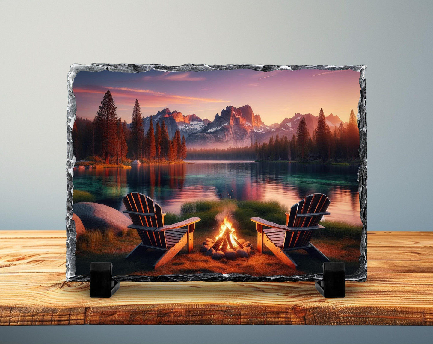 Lake House Decor Rustic Cabin Slate Art - Mountain Campfire Scene Plaque