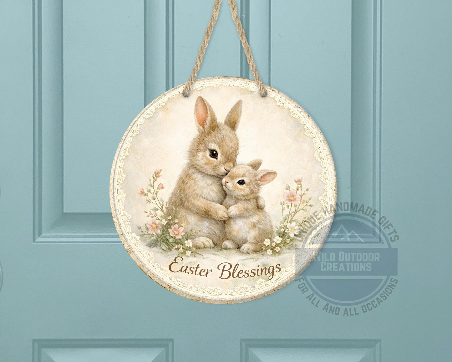 Spring Bunny Door Hanger – Floral Easter Sign | 10" Round Aluminum Decor
