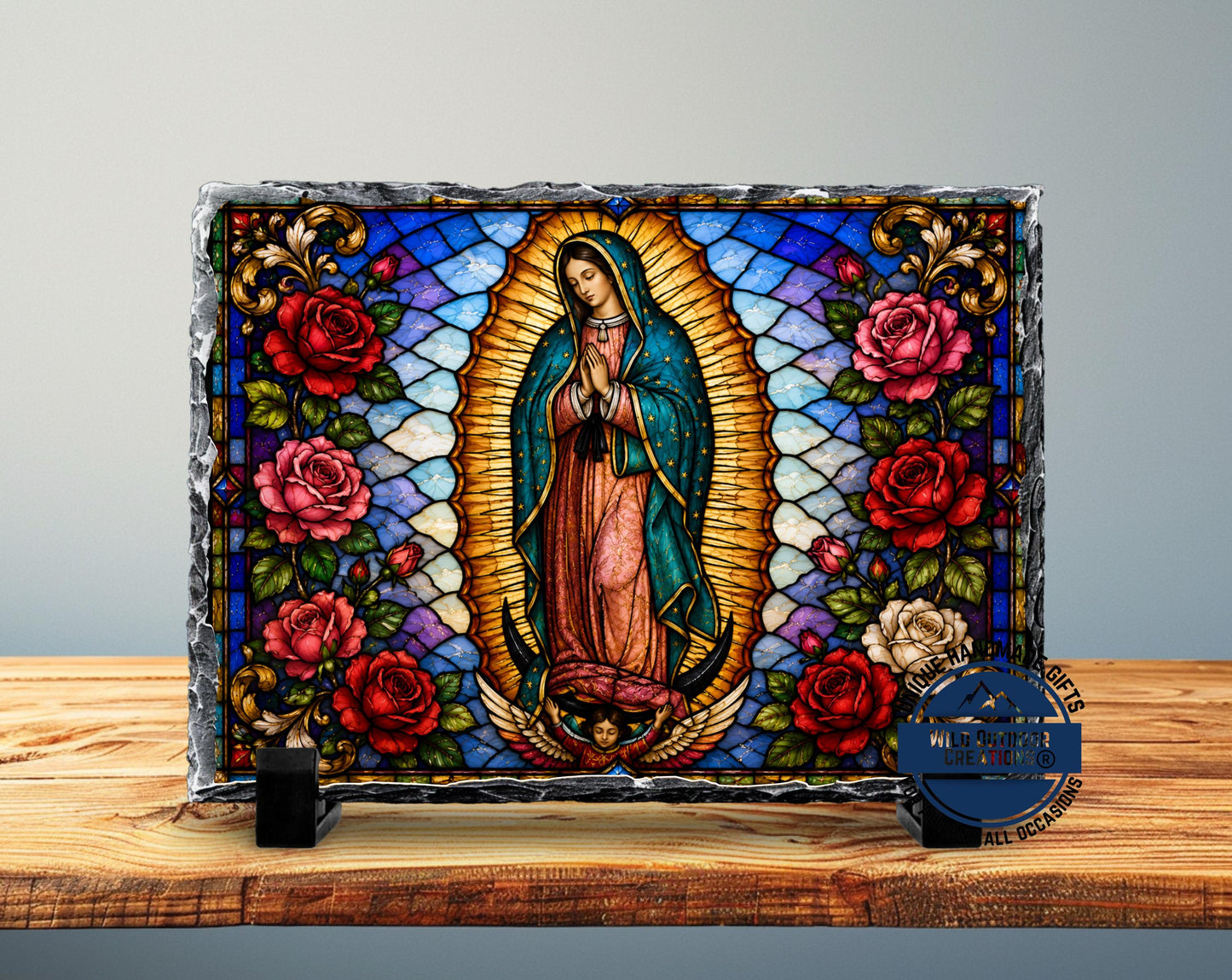Our Lady of Guadalupe Faux Stained Glass Slate Plaque, Virgen Maria Catholic Gift