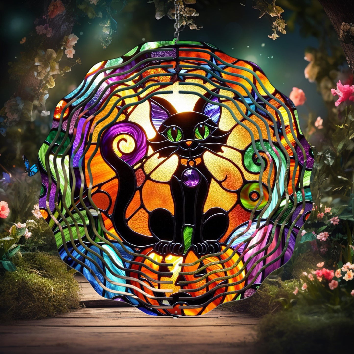 Black Cat Wind Spinner - Halloween Decor in Faux Stained Glass UV-Protected Aluminum