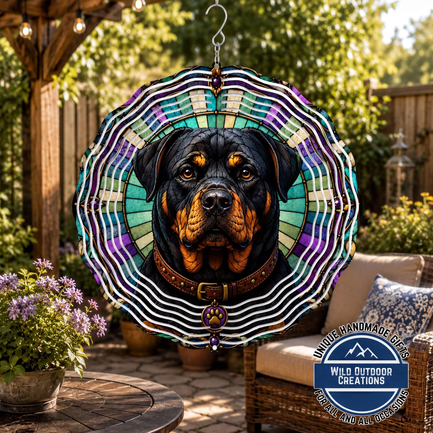 Faux Stained Glass Rottweiler Wind Spinner Dog Lover Gift Garden Outdoor Decor