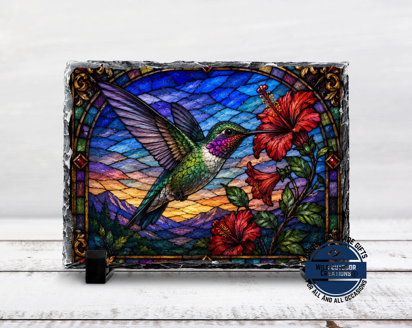 Hummingbird Faux Stained Glass Slate Plaque, Hibiscus Sunset Bird Decor, Garden Lover Gift