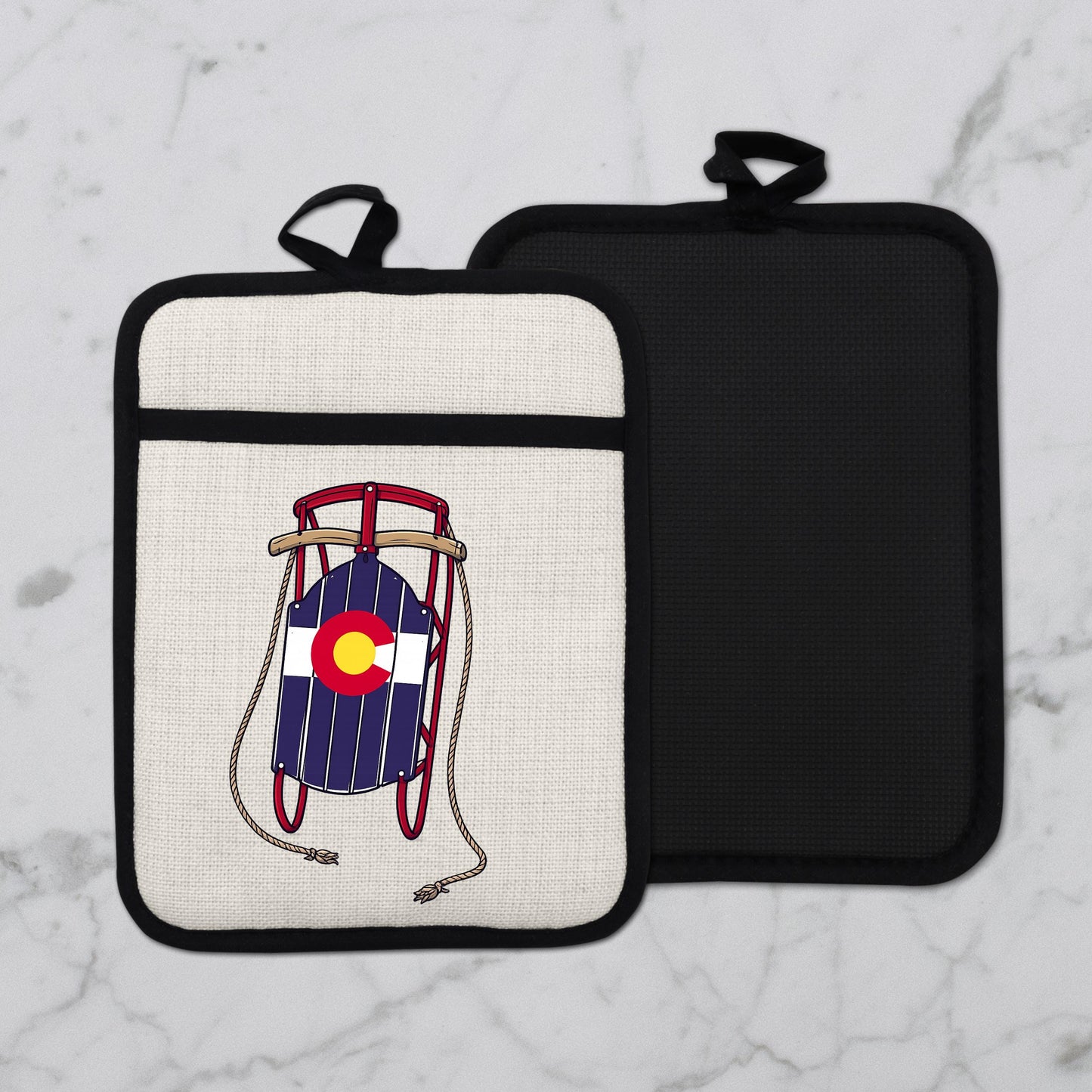 Colorado Sled Pot Holder - Linen Pot Holder with Silicone Back Trivet, Heat Resistant Oven Mitt