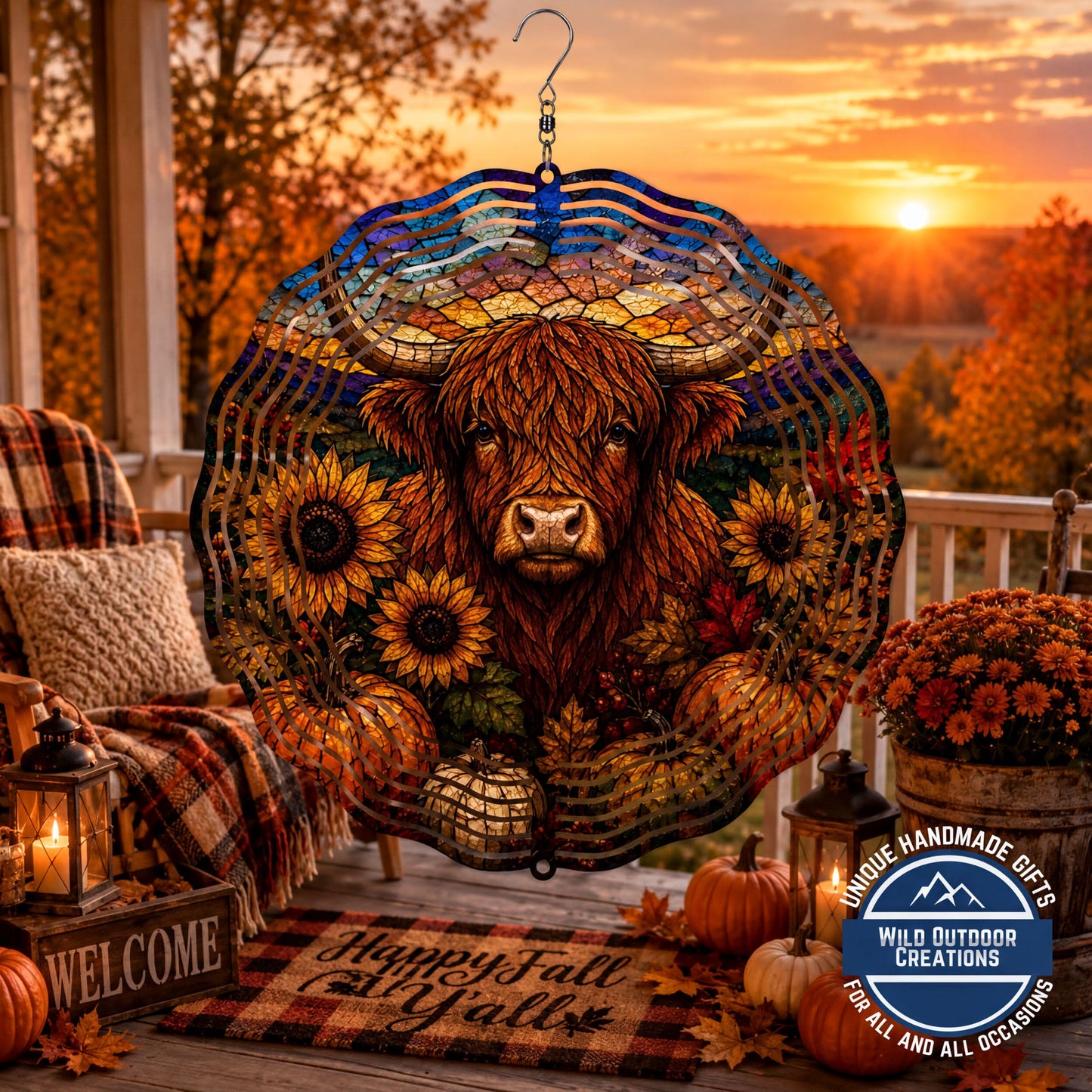 Highland Cow Faux Stained Glass Wind Spinner Fall Sunflower Garden Decor