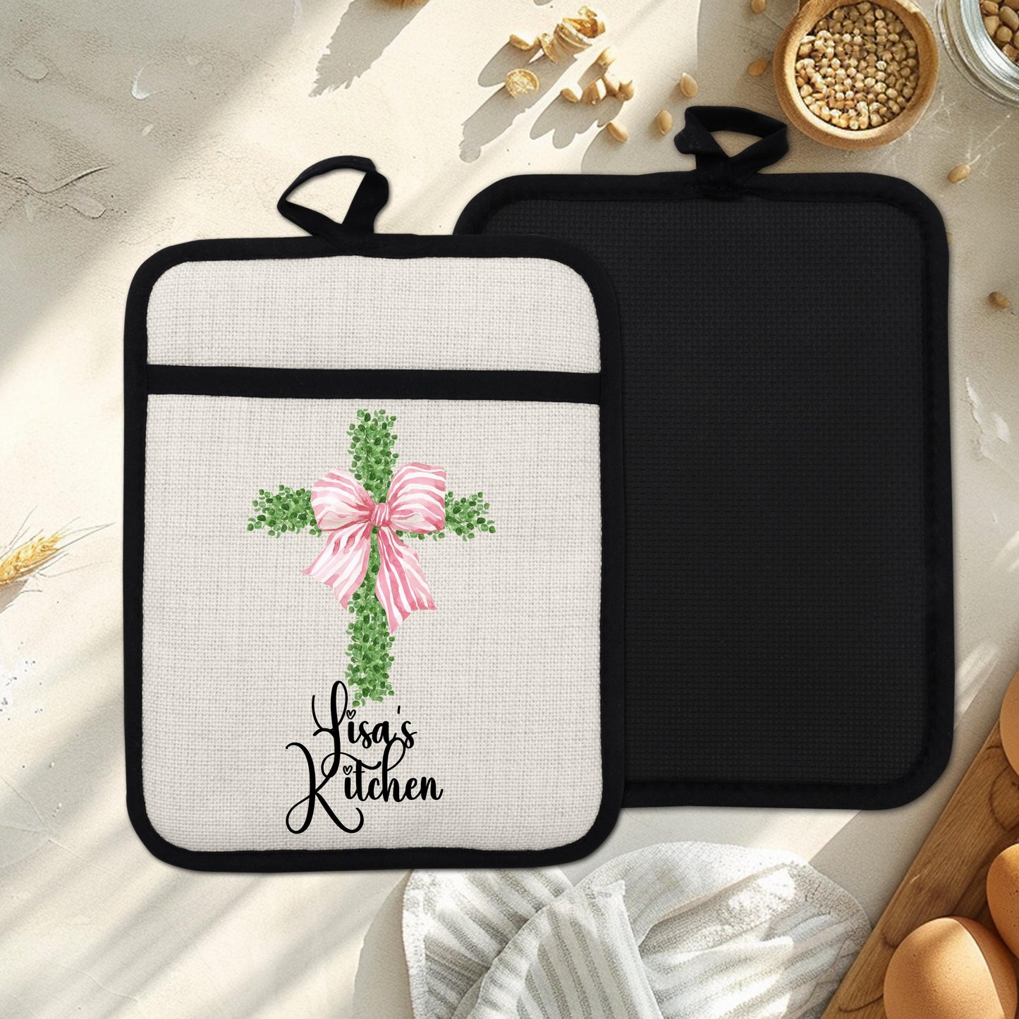 Personalized Cross Pot Holder – Pink Floral Cross, Custom Name Kitchen Gift - alternate view