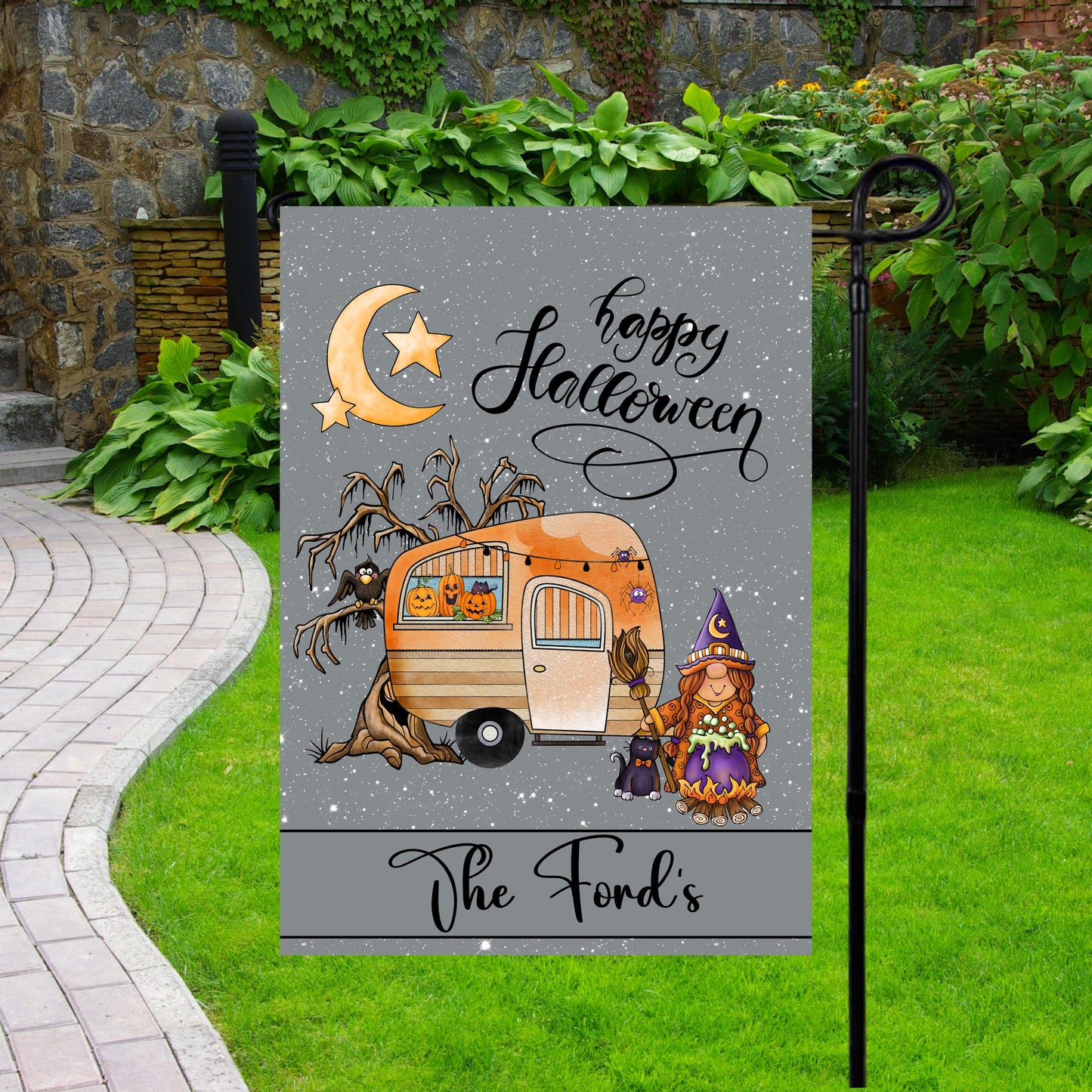 Personalized Halloween Garden Flag for Camping Enthusiasts - Custom Camper Gift Idea