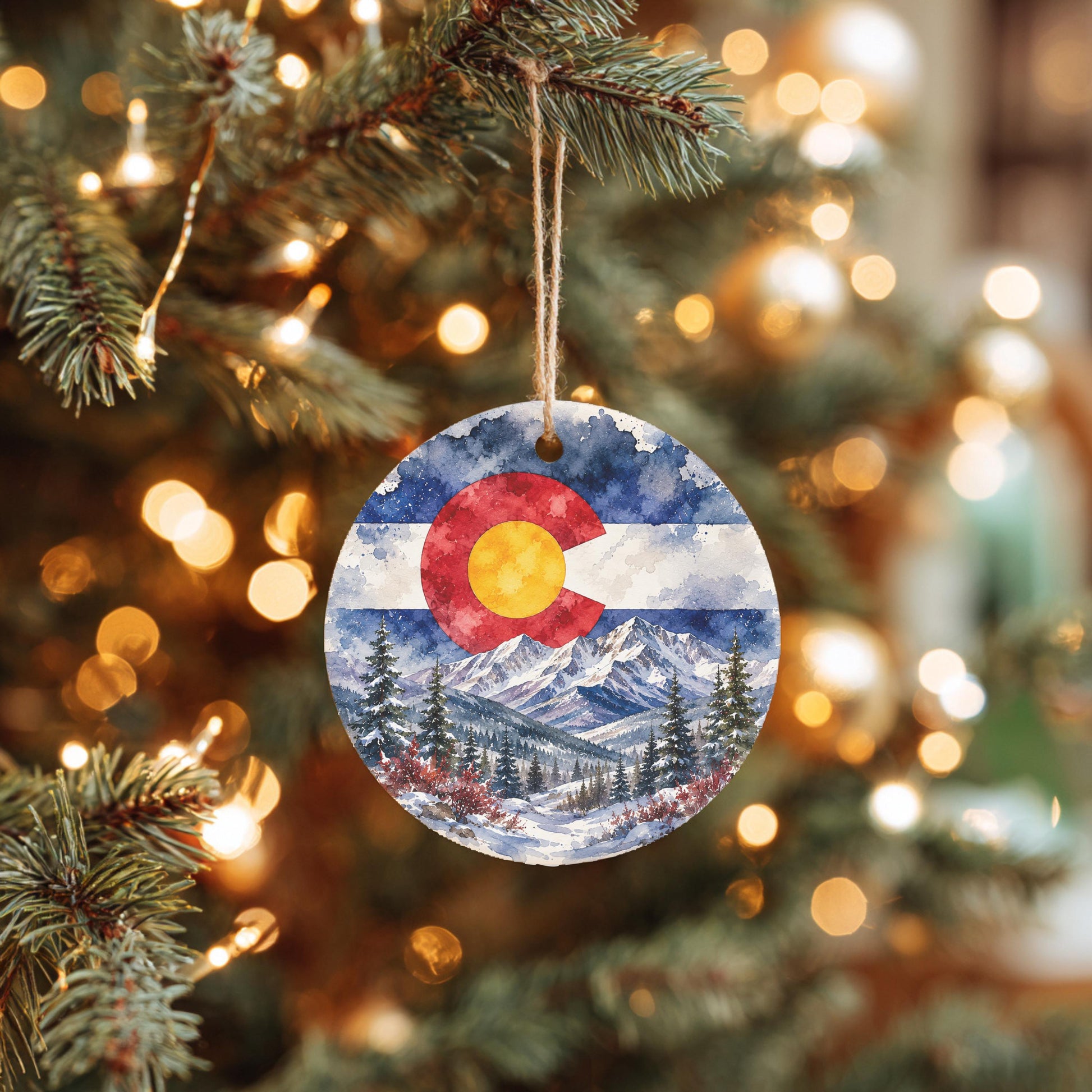 A round ornament hanging from a Christmas tree, featuring a painting of a snowy mountain landscape with pine trees and a Colorado flag in the center.