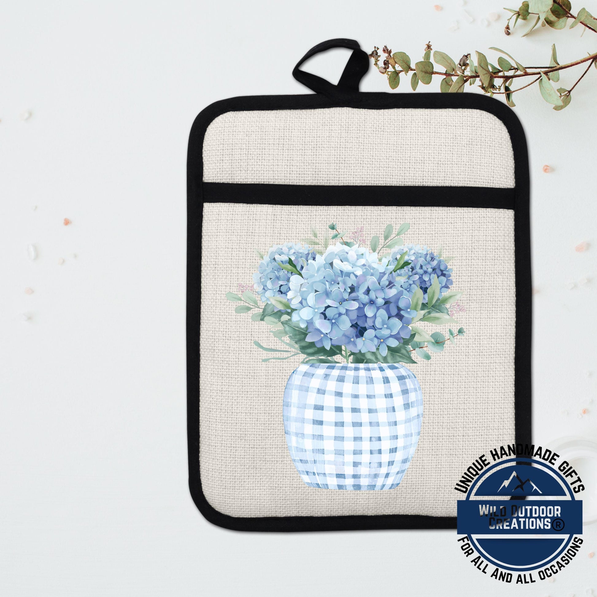 Blue Hydrangea Pot Holder – Floral Kitchen Accessory with Non Slip Silicone Back - lifestyle view