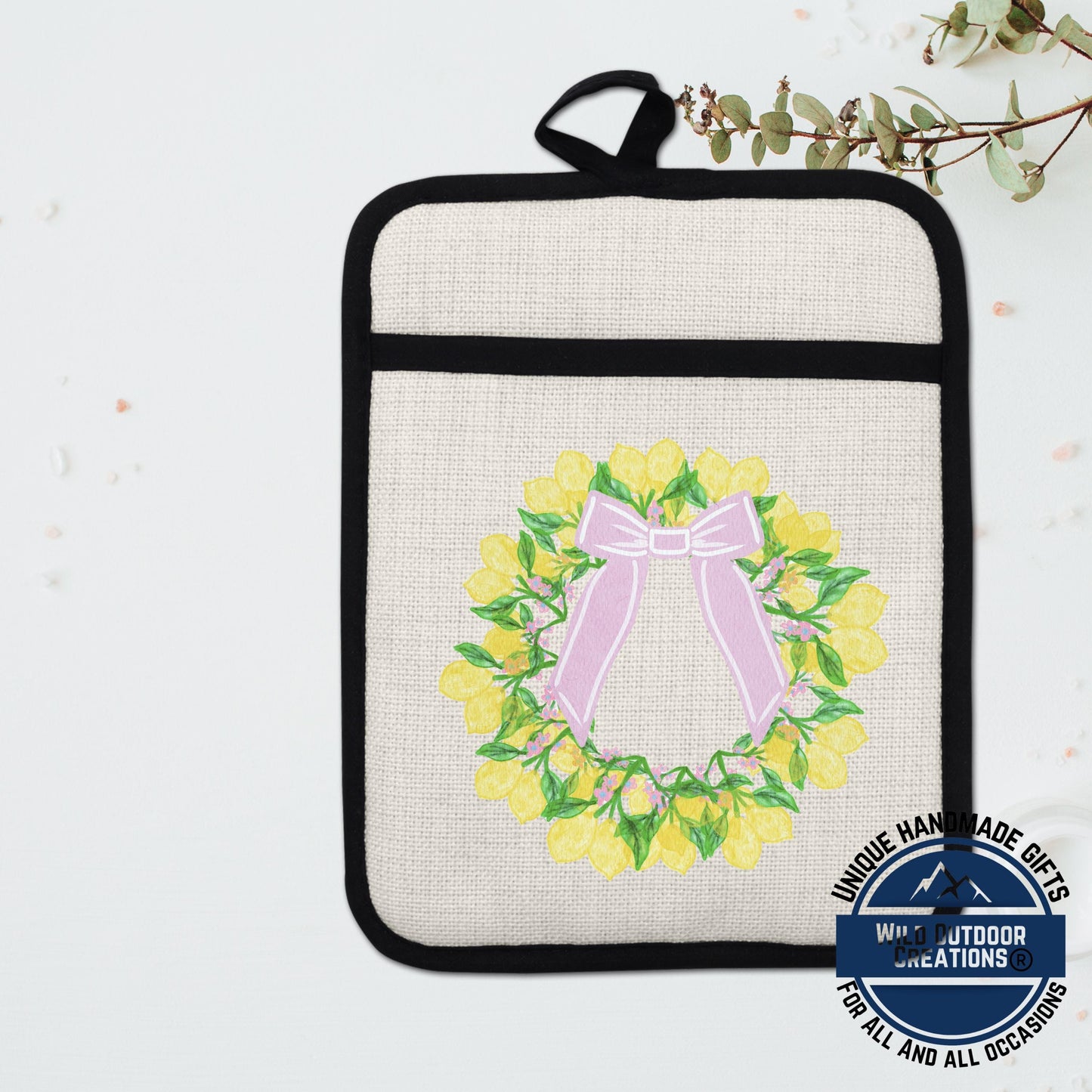 Lemon Wreath Pot Holder - Non Slip Potholder With Pocket | Floral Kitchen Gift - detail view