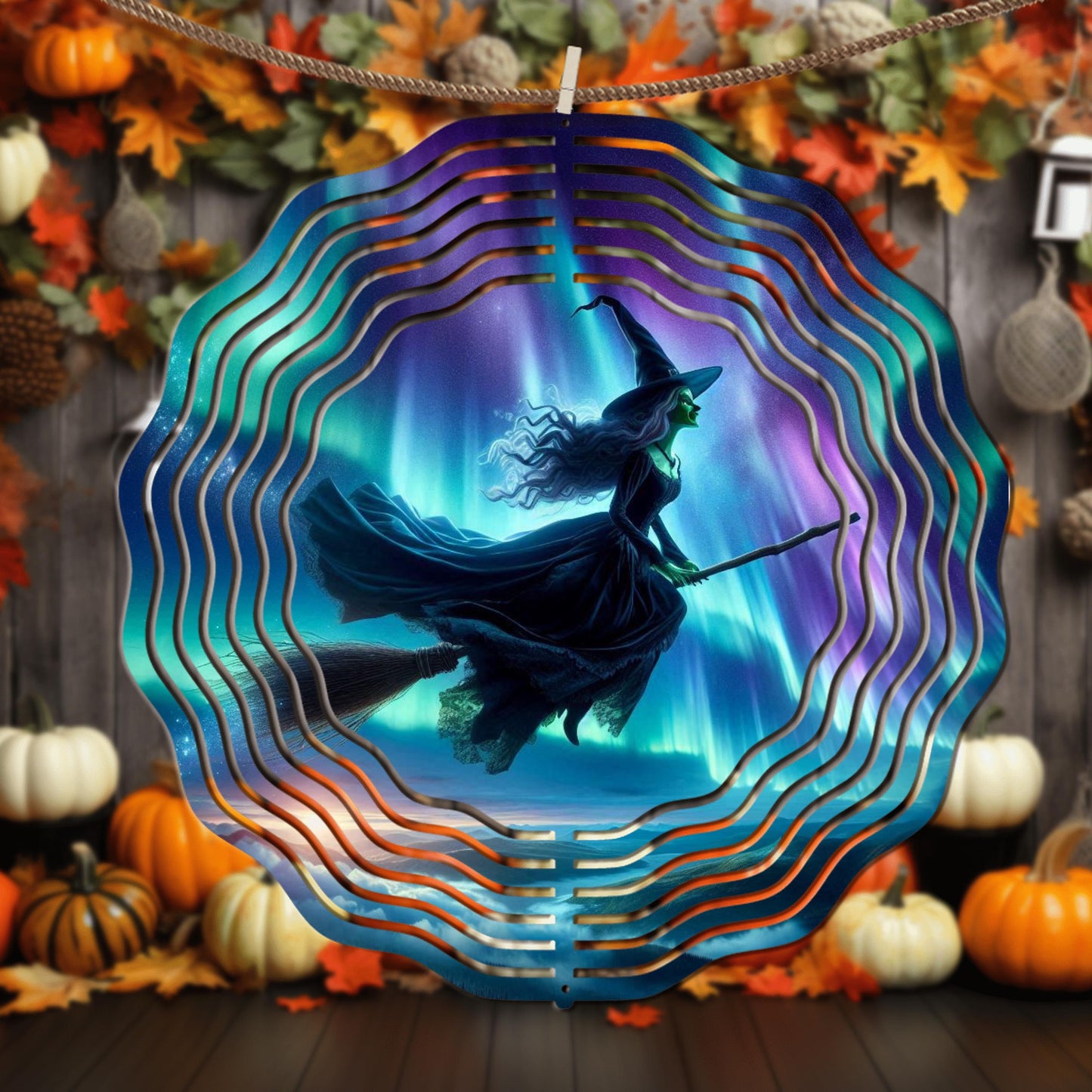 Witch on Broom Wind Spinner - Aurora Borealis Aluminum Outdoor Art for Enchanting Yard Decor