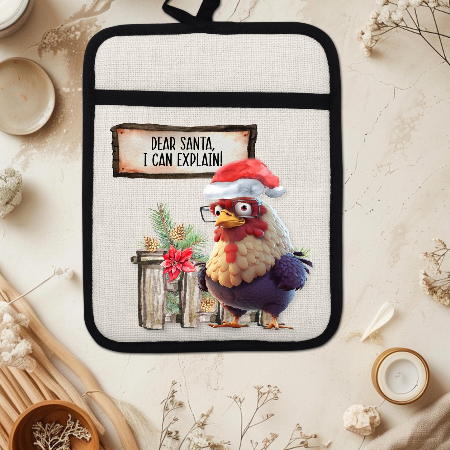 Funny Chicken Christmas Pot Holder with Santa Hat  Fence Scene - Dear Santa I Can Explain Linen Hot Pad Gift