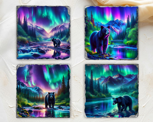 Black Bear Slate Coaster Set - Rustic Cabin Drinkware Decor for Nature Lovers