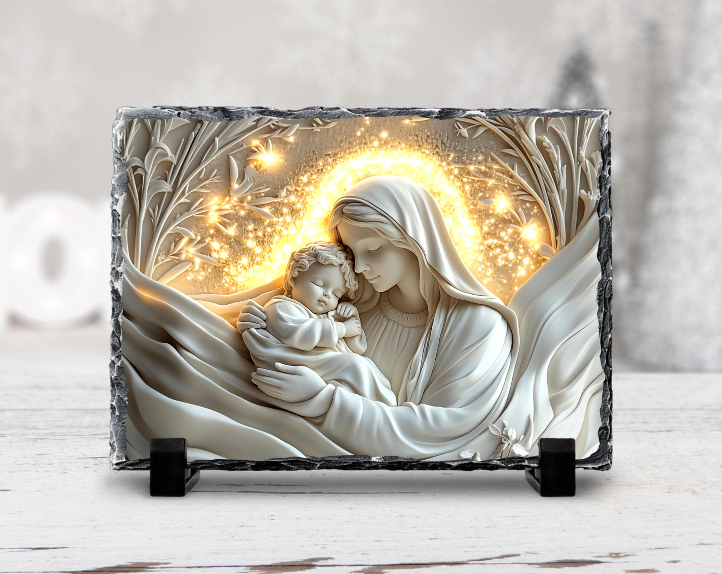 3D Mary and Baby Jesus Slate Plaque - with Fractured Edges  Gold Accents