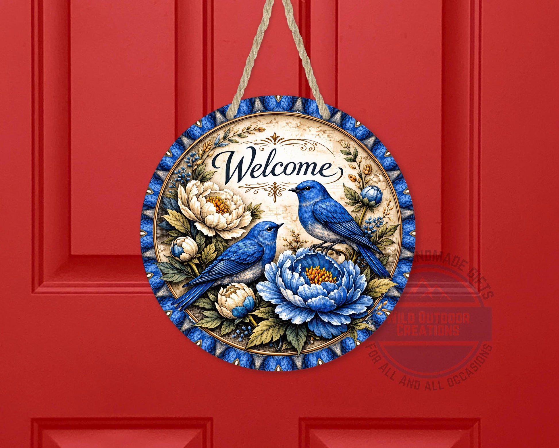 Bluebird Welcome Sign - Round Door Hanger With Floral Porch Decor, UV Coated - alternate view