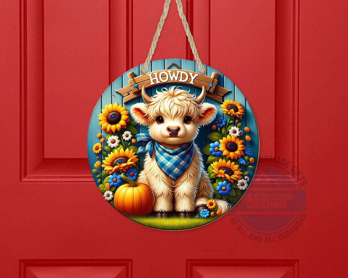 Farmhouse Door Hanger - Aluminum Round Sign with Highland Cow Decor, Blue Plaid