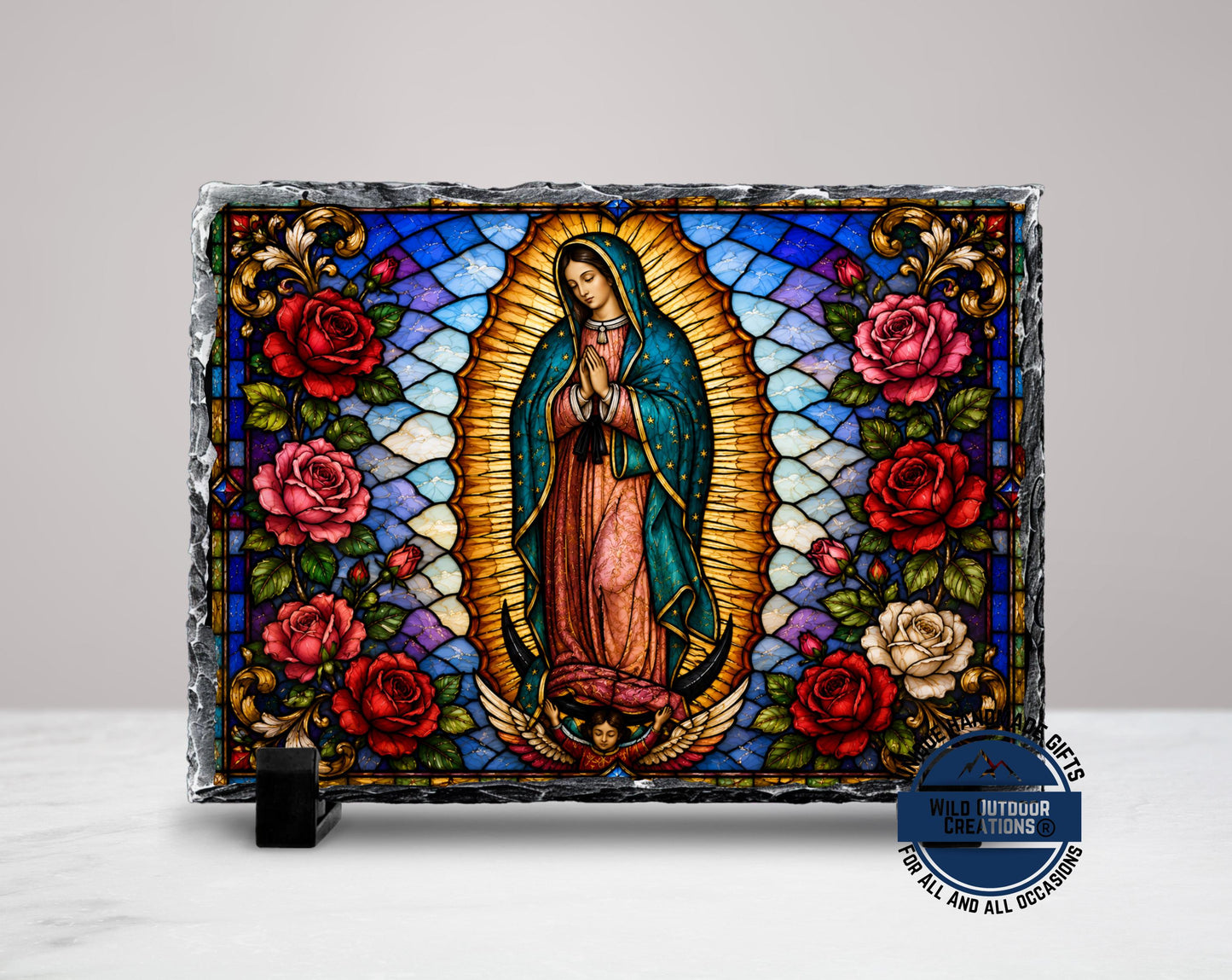 Our Lady of Guadalupe Faux Stained Glass Slate Plaque, Virgen Maria Catholic Gift