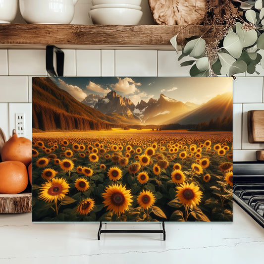 Mountain Sunset Sunflower Cutting Board, Large Glass Kitchen Board, Hostess Housewarming Gift, Charcuterie Board, Challah Board, Unique Gift