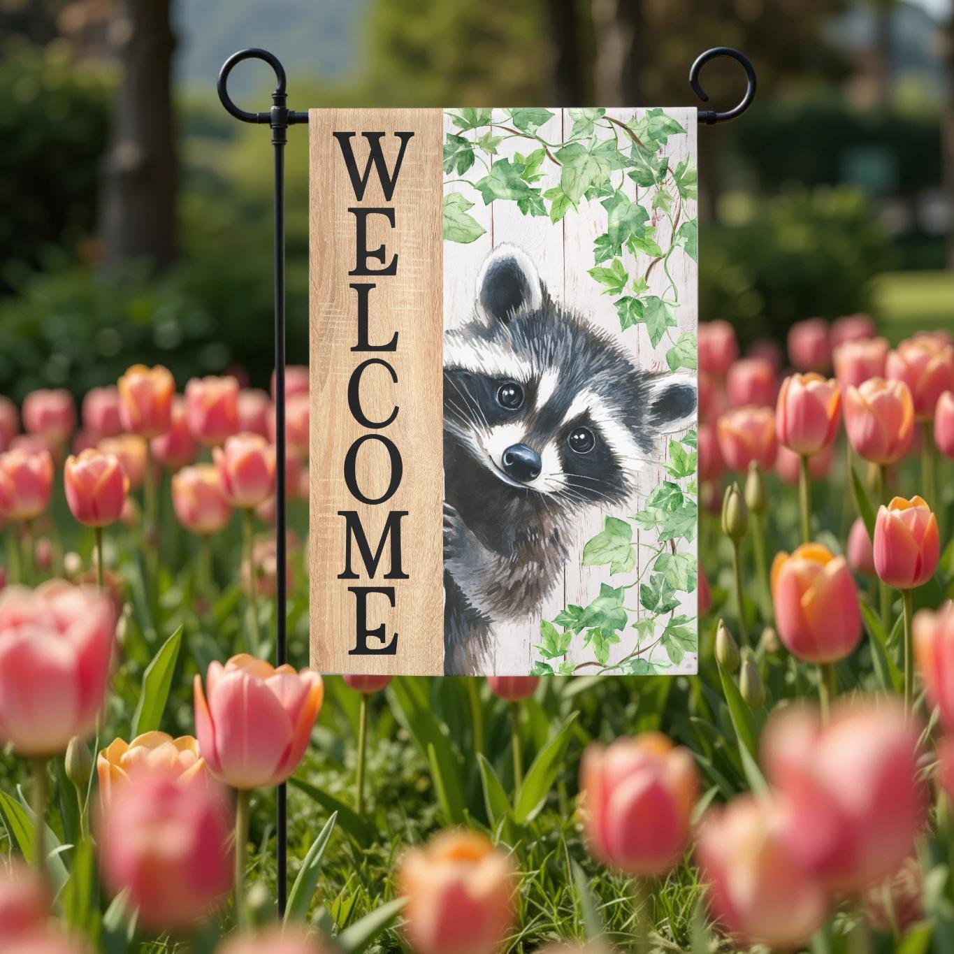 Welcome Raccoon Garden Flag – Rustic Woodland Yard Decor | Double Sided, UV Resistant - displayed in garden