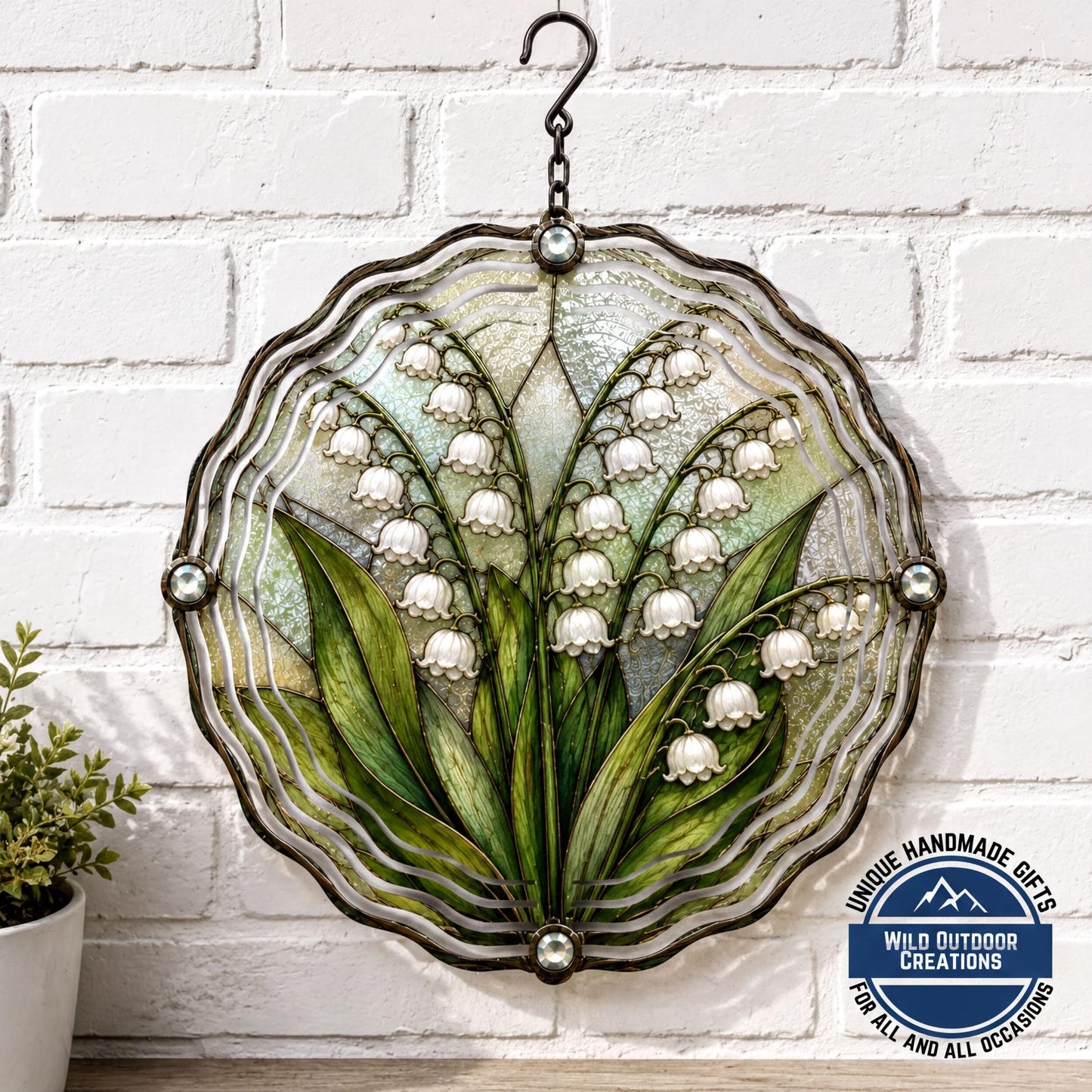 May Birth Flower Lily of the Valley Wind Spinner 10 Inch Faux Stained Glass Decor