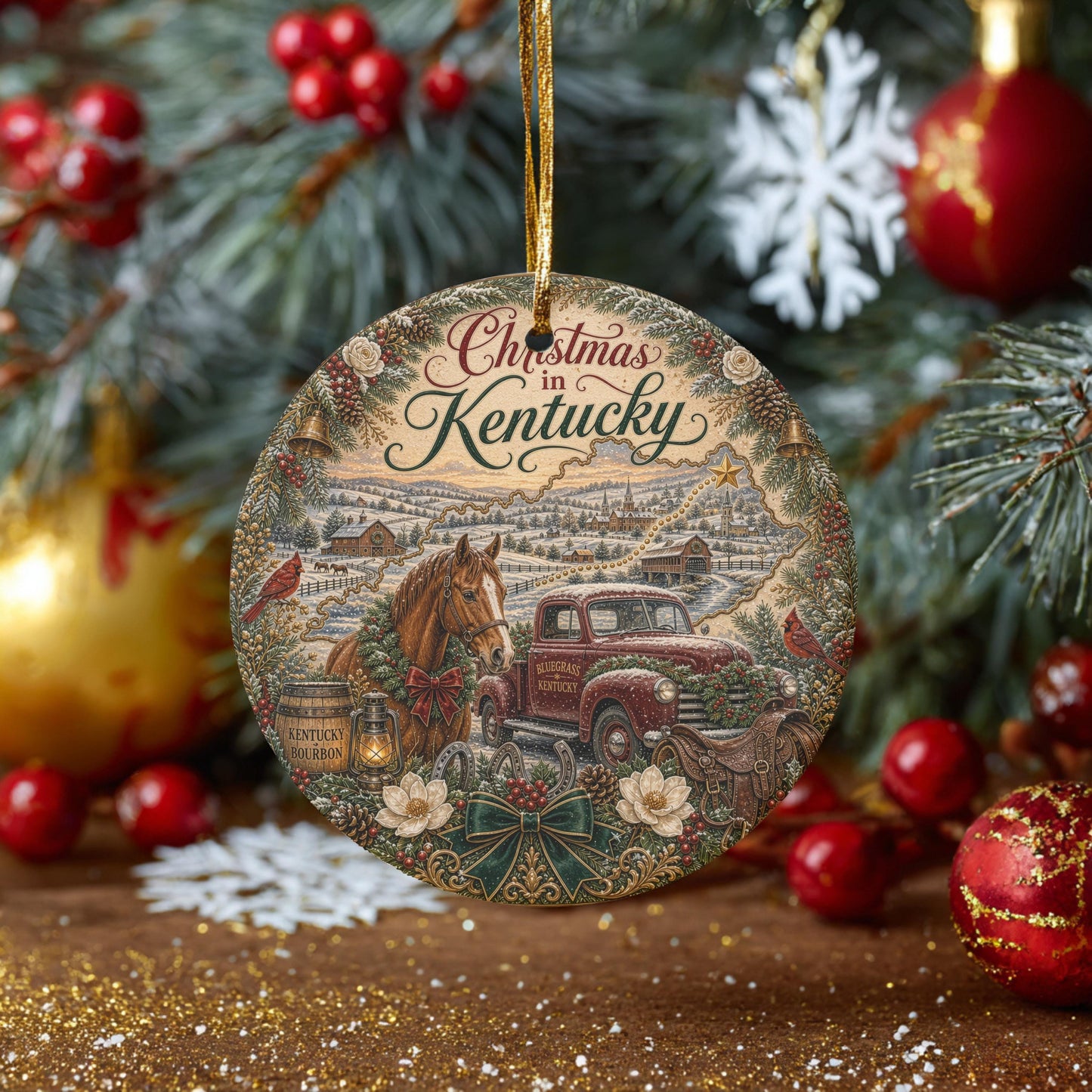 Kentucky Christmas Ornament, Bluegrass Horse Farm Ceramic Round