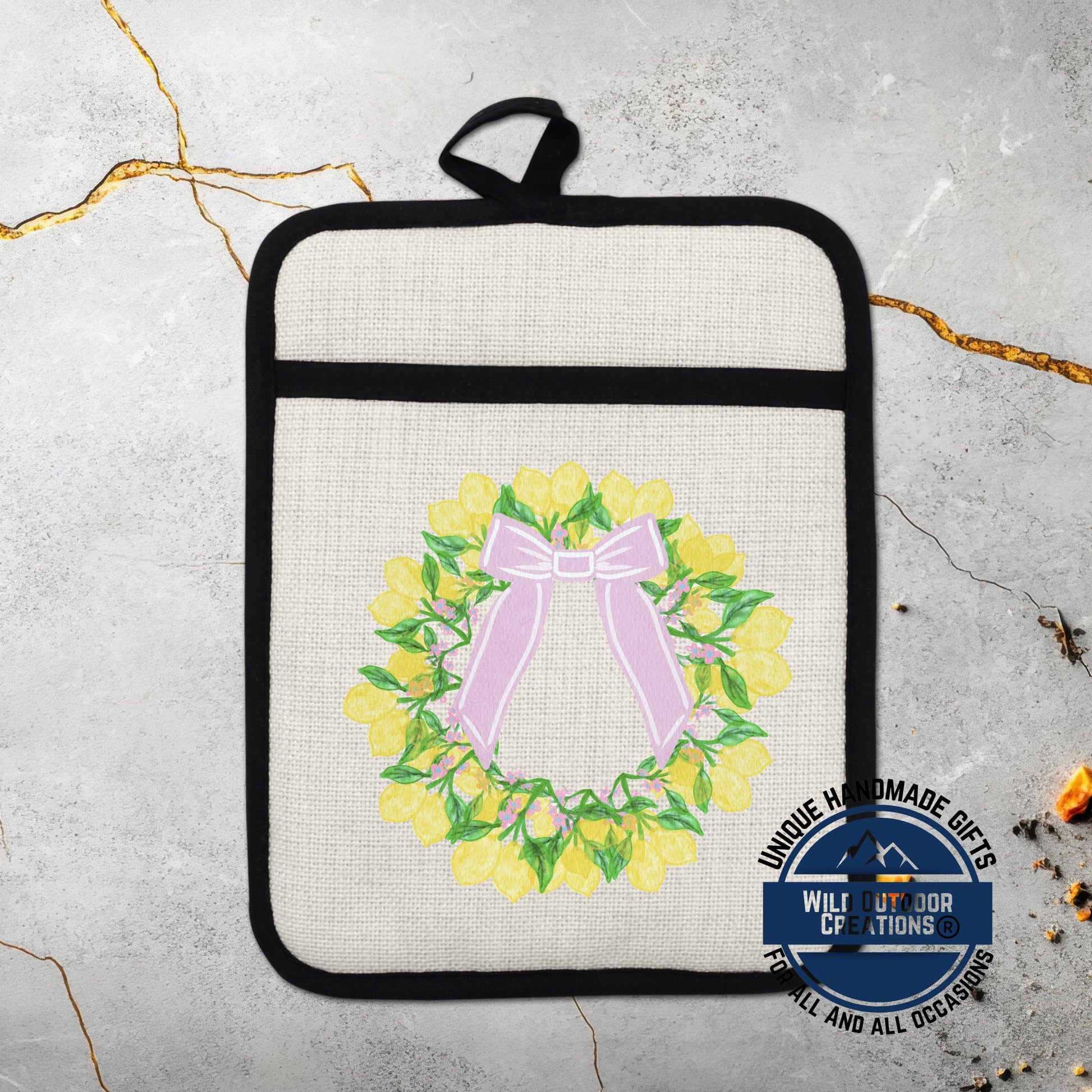 Lemon Wreath Pot Holder - Non Slip Potholder With Pocket | Floral Kitchen Gift - packaging and presentation