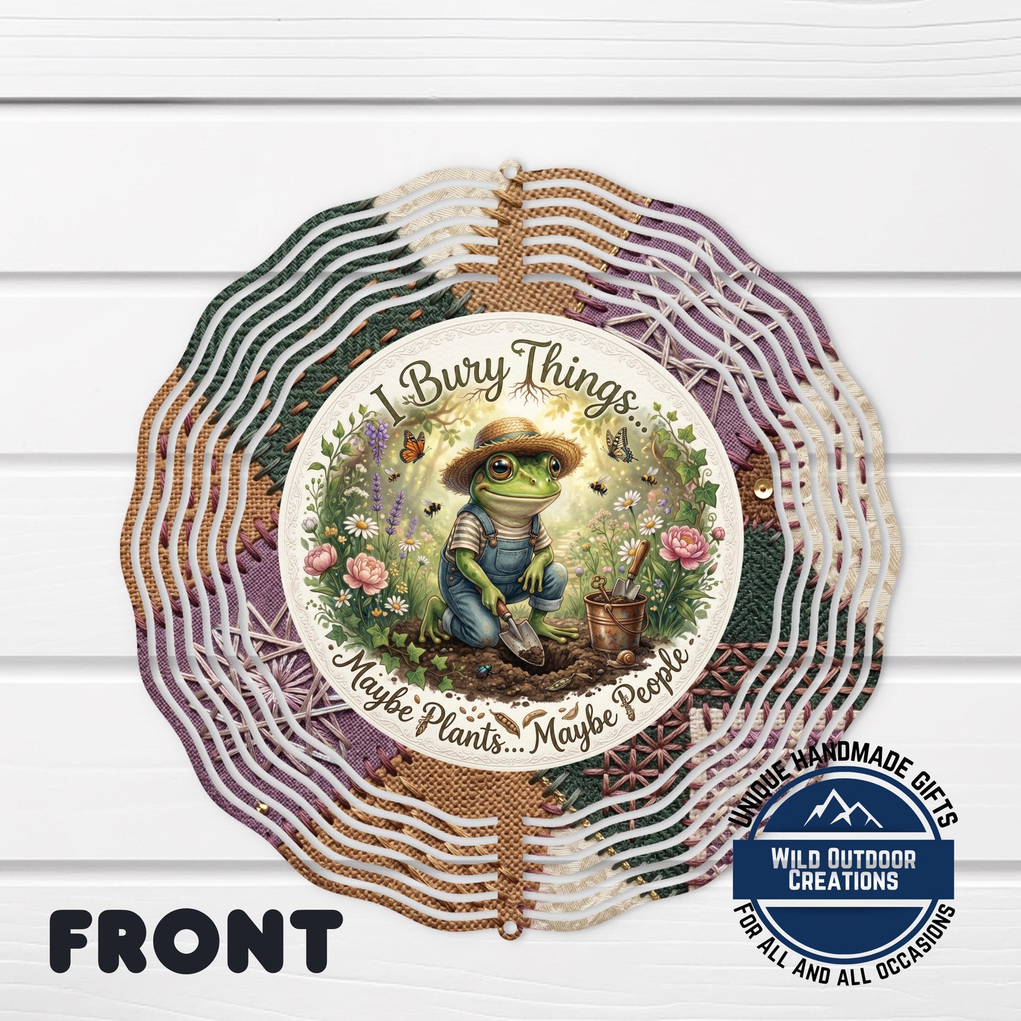 Frog Wind Spinner - Double Sided Aluminum Garden Spinner with Rustic Floral Accents