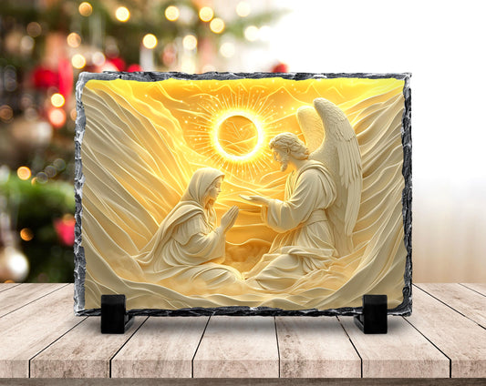 3D Mary with Angel Slate Plaque - Gold Sun Design Fractured Edges