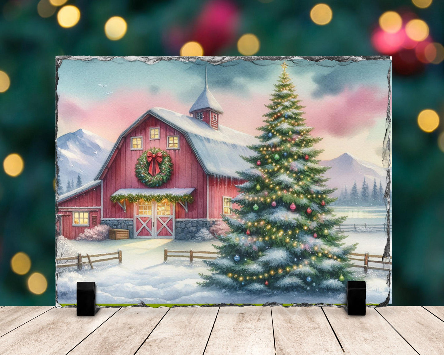 Watercolor Barn Slate - Snowy Mountain Christmas Decor