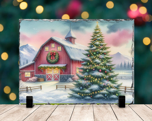 Watercolor Barn Slate - Snowy Mountain Christmas Decor