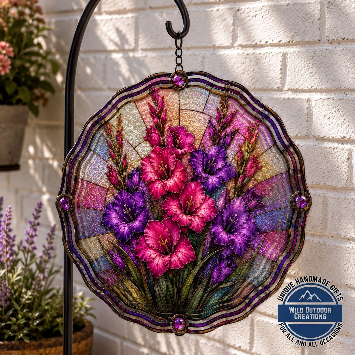 August Birth Flower Gladiolus Wind Spinner 10 Inch Faux Stained Glass Metal Garden Decor