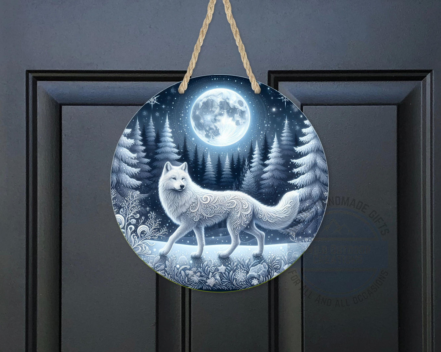 Wolf Door Sign - Rustic Outdoor Decor Full Moon Night with White Wolf Art