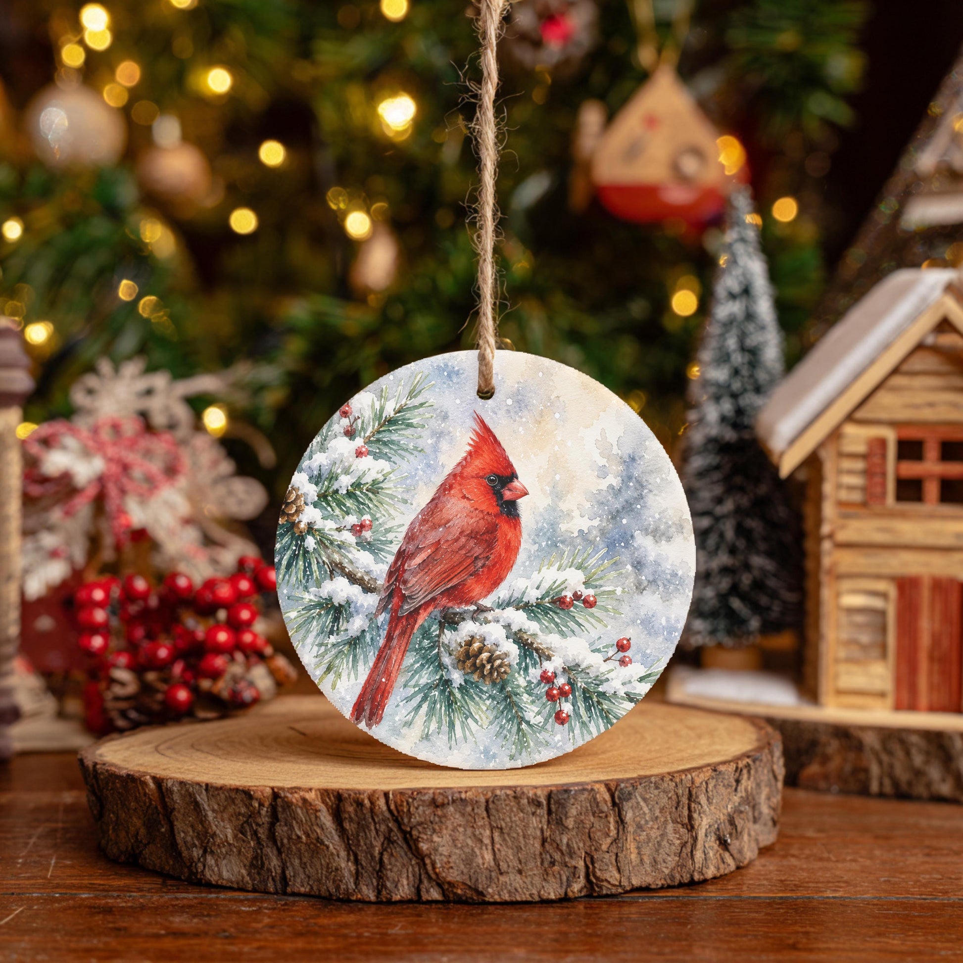 A round ornament featuring a red cardinal perched on a snowy branch, surrounded by pine cones and berries, is displayed on a wooden stand in front of a Christmas tree.