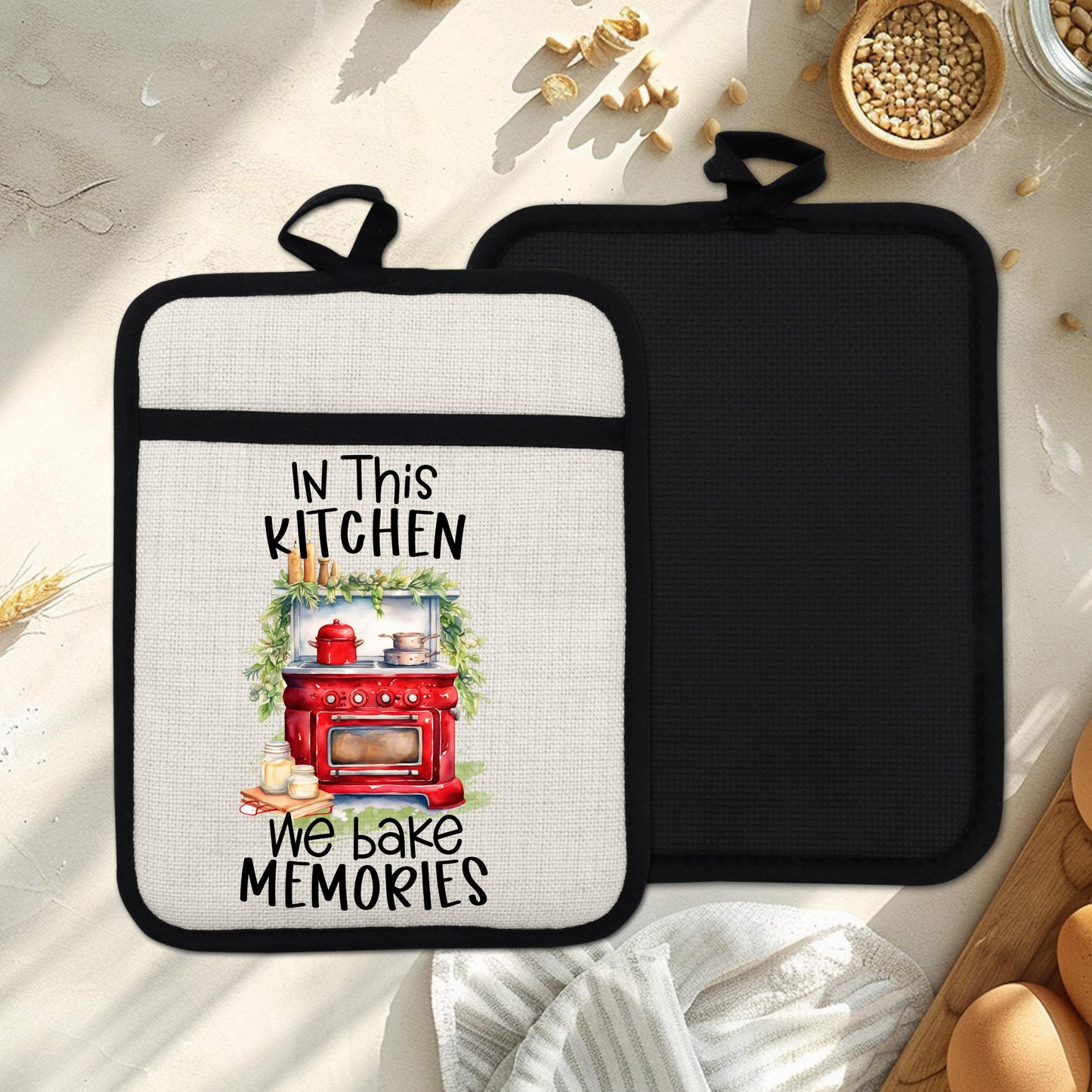 Red Farmhouse Oven Pot Holder - We Bake Memories Quote Rustic Linen Hot Pad for Christmas Kitchen Decor  Holiday Gifts